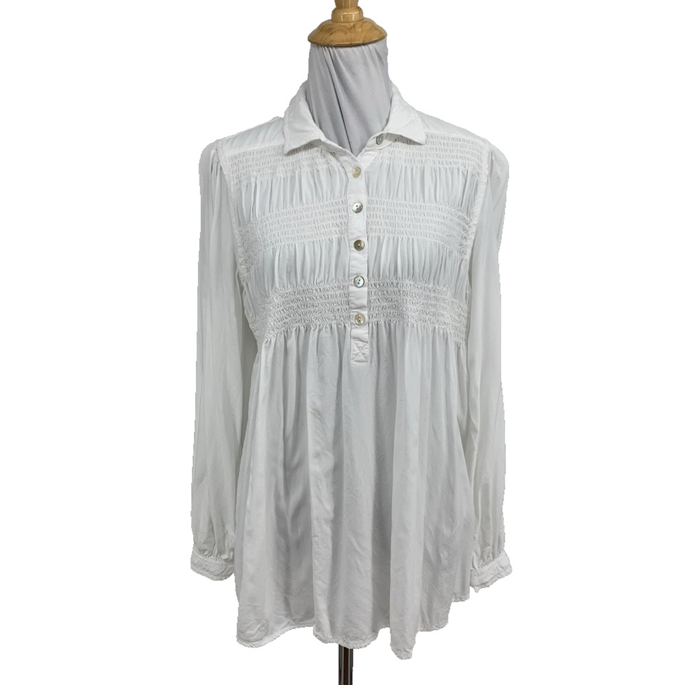 BeachLunchLounge Blouse Womens S Small White Smocked Long Sleeve Half Button